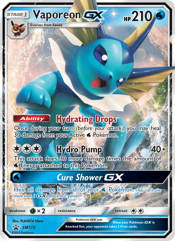 Carta Vaporeon GX, número SM172/248 da coleção Sol e Lua Promos