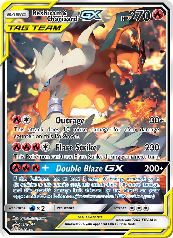 Carta Reshiram e Charizard GX, número SM201/248 da coleção Sol e Lua Promos