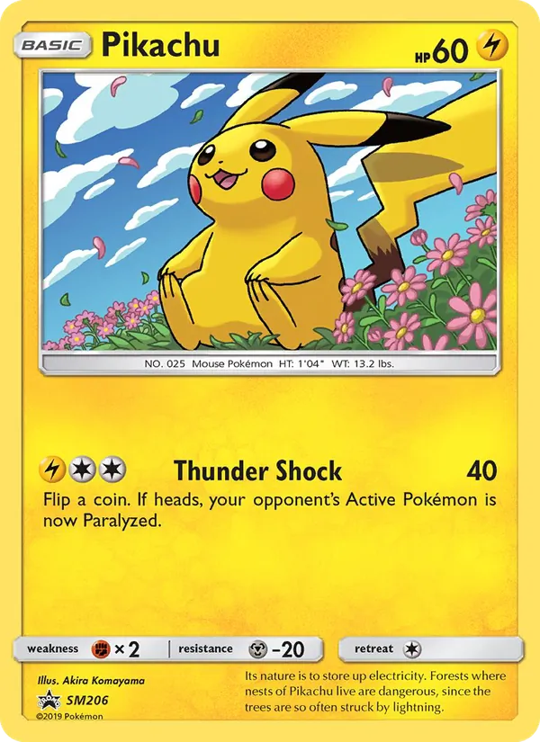 Carta Pikachu, número SM206/248 da coleção Sol e Lua Promos