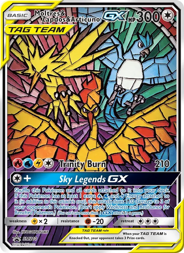 Carta Moltres, Zapdos e Articuno GX, número SM210/248 da coleção Sol e Lua Promos