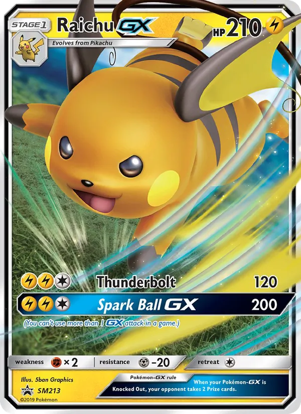 Carta Raichu GX, número SM213/248 da coleção Sol e Lua Promos