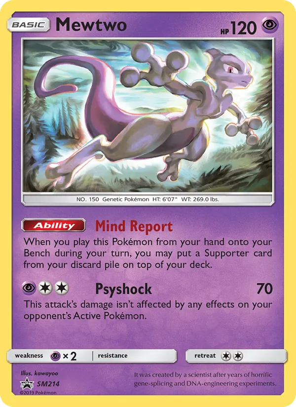 Carta Mewtwo, número SM214/248 da coleção Sol e Lua Promos
