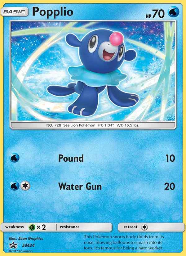 Carta Popplio, número SM24/248 da coleção Sol e Lua Promos