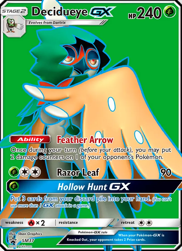 Carta Decidueye GX, número SM37/248 da coleção Sol e Lua Promos