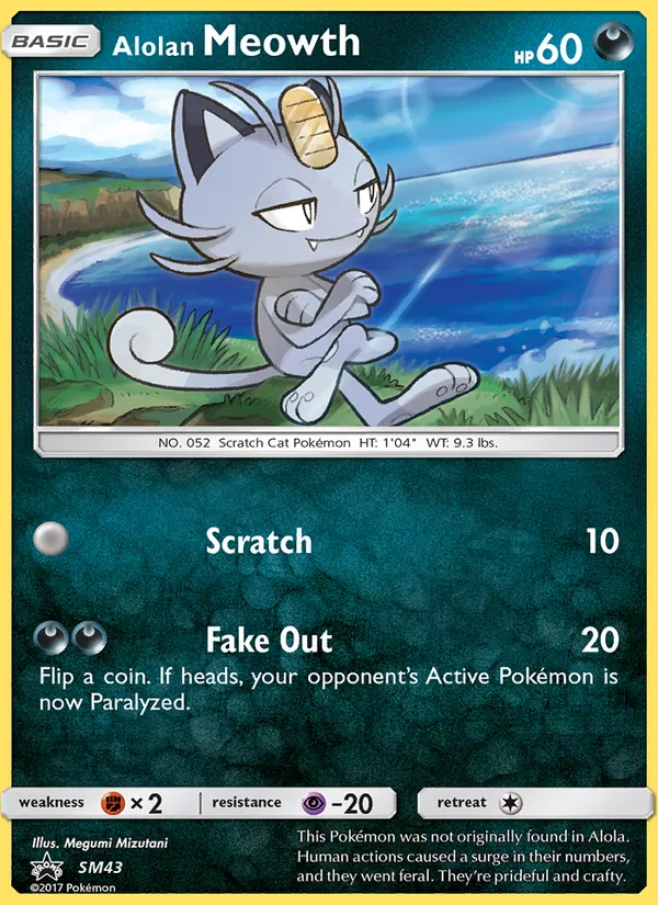 Carta Meowth de Alola, número SM43/248 da coleção Sol e Lua Promos