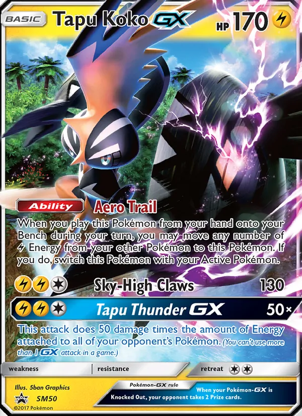 Carta Tapu Koko GX, número SM50/248 da coleção Sol e Lua Promos