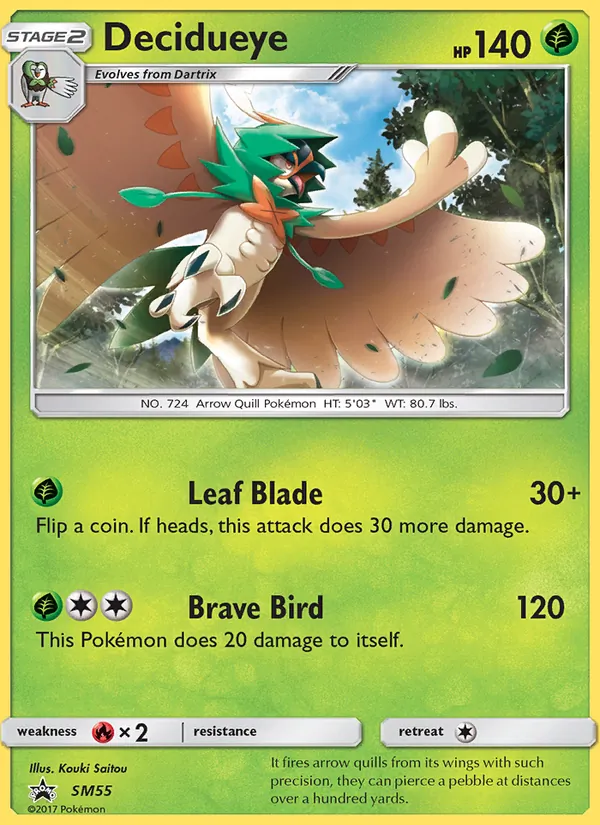 Carta Decidueye, número SM55/248 da coleção Sol e Lua Promos