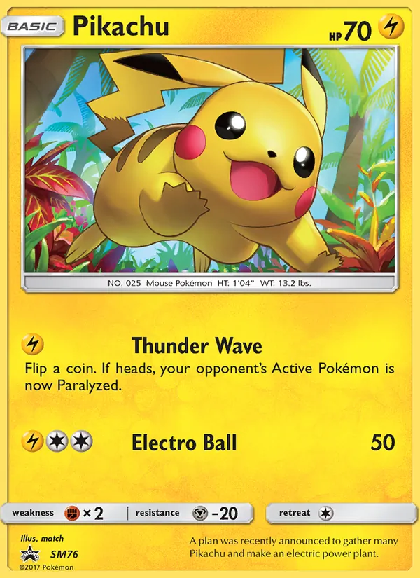 Carta Pikachu, número SM76/248 da coleção Sol e Lua Promos