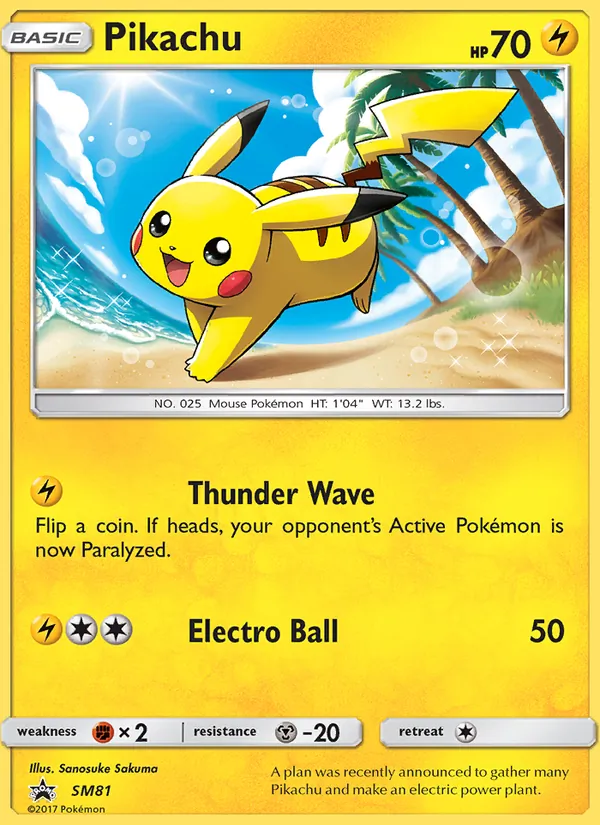 Carta Pikachu, número SM81/248 da coleção Sol e Lua Promos