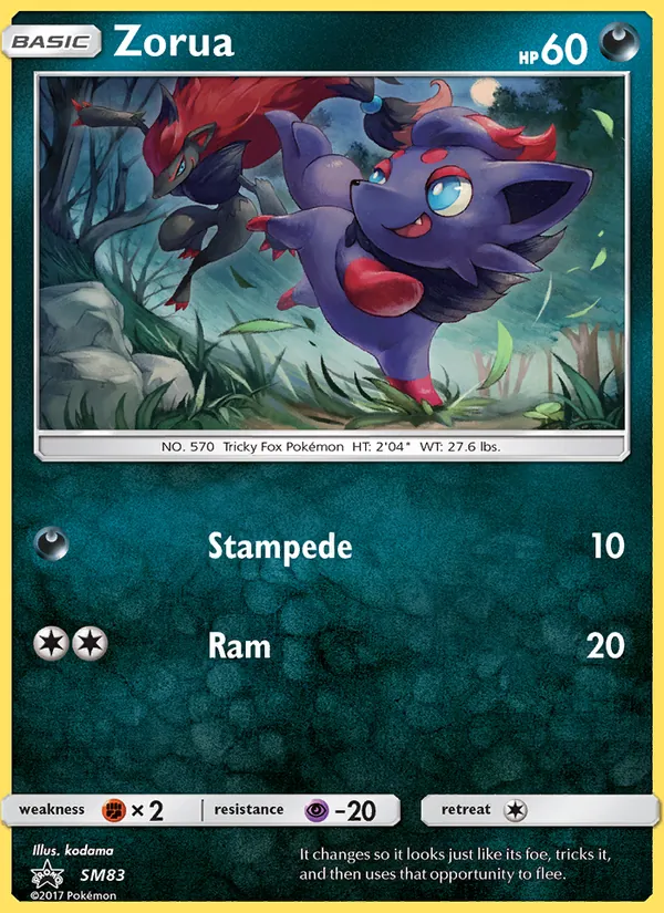 Carta Zorua, número SM83/248 da coleção Sol e Lua Promos