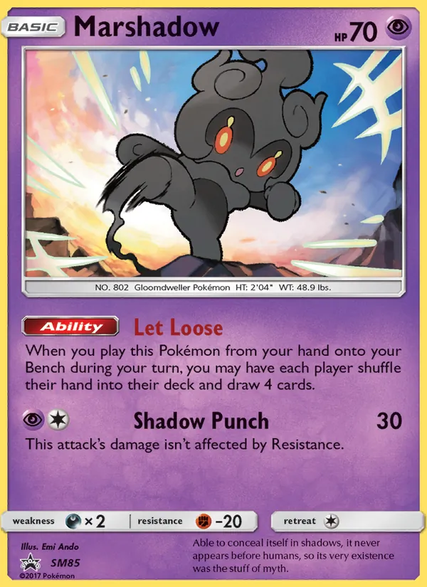 Carta Marshadow, número SM85/248 da coleção Sol e Lua Promos