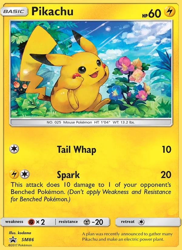 Carta Pikachu, número SM86/248 da coleção Sol e Lua Promos