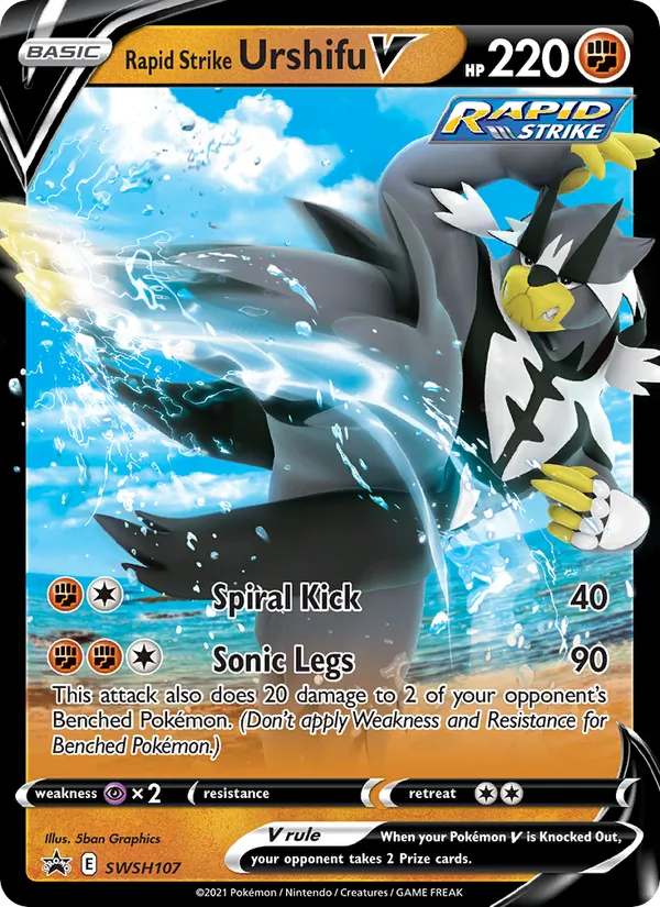 Carta Urshifu Golpe Fluido V, número SWSH107/307 da coleção ESES Promos