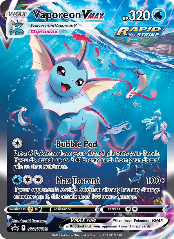 Carta Vaporeon VMAX, número SWSH182/307 da coleção ESES Promos