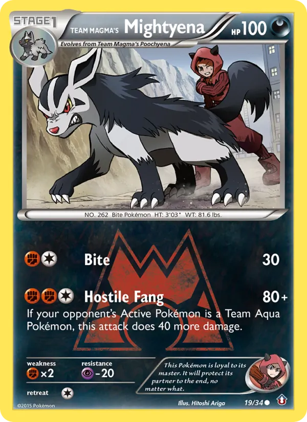 Carta Mightyena da Equipe Magma, número 19/34 da coleção Crise Dupla