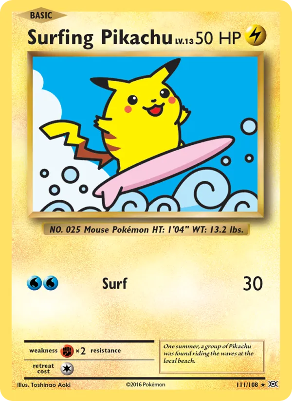 Carta Pikachu Surfista, número 111/108 da coleção Evoluções