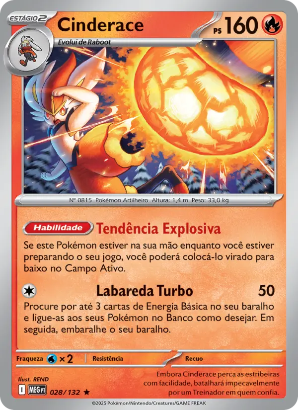 Carta Cinderace, número 028/132 da coleção Megaevolução