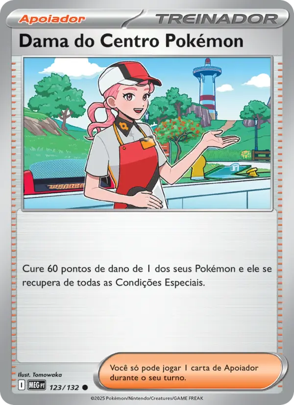 Carta Dama do Centro Pokémon, número 123/132 da coleção Megaevolução