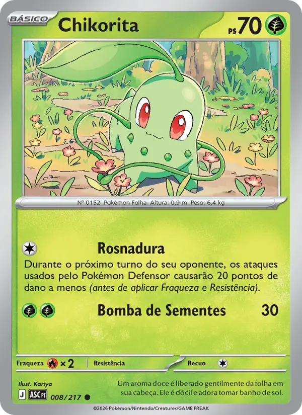 Carta Chikorita, número 008/217 da coleção Heróis Excelsos