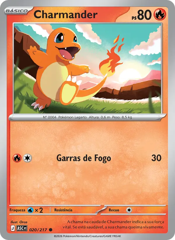 Carta Charmander, número 020/217 da coleção Heróis Excelsos