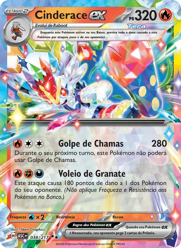 Carta Cinderace ex, número 038/217 da coleção Heróis Excelsos