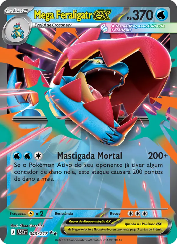 Carta Mega Feraligatr ex, número 043/217 da coleção Heróis Excelsos