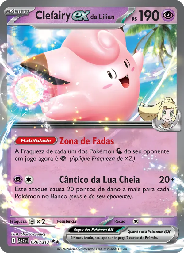 Carta Clefairy ex da Lílian, número 076/217 da coleção Heróis Excelsos