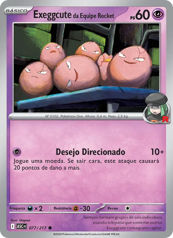 Carta Exeggcute da Equipe Rocket, número 077/217 da coleção Heróis Excelsos