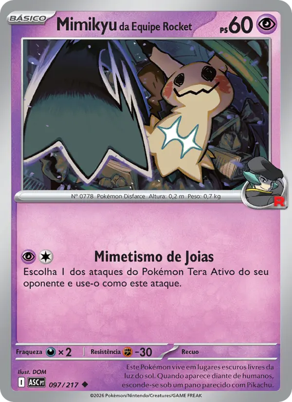 Carta Mimikyu da Equipe Rocket, número 097/217 da coleção Heróis Excelsos