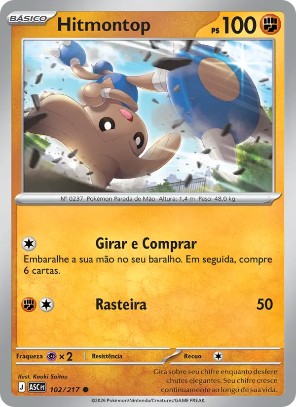 Carta Hitmontop, número 102/217 da coleção Heróis Excelsos