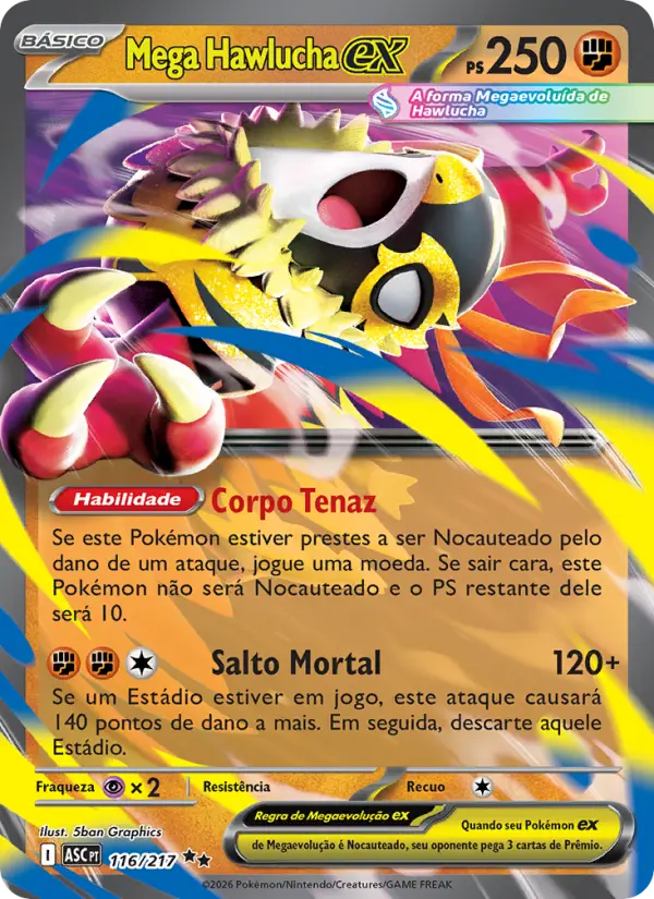 Carta Mega Hawlucha ex, número 116/217 da coleção Heróis Excelsos