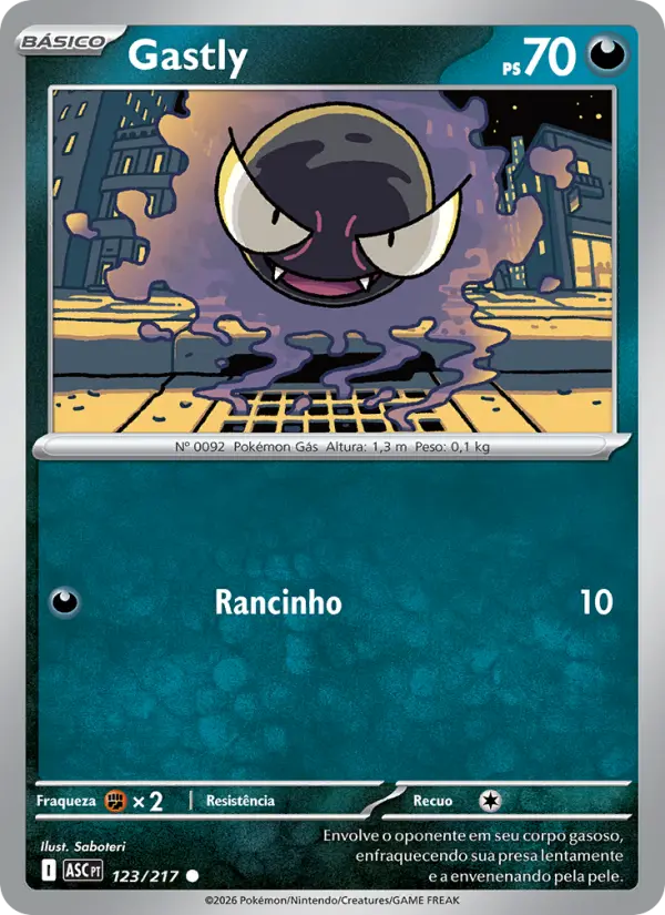 Carta Gastly, número 123/217 da coleção Heróis Excelsos