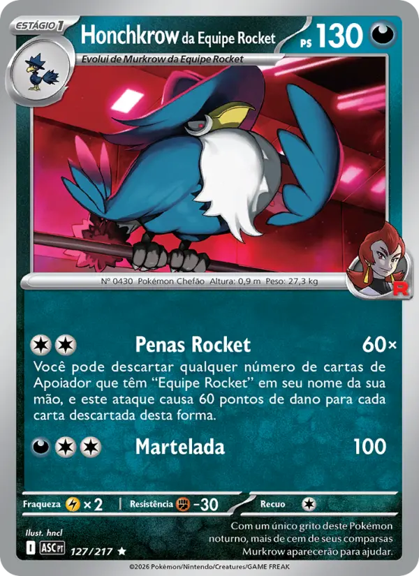 Carta Honchkrow da Equipe Rocket, número 127/217 da coleção Heróis Excelsos
