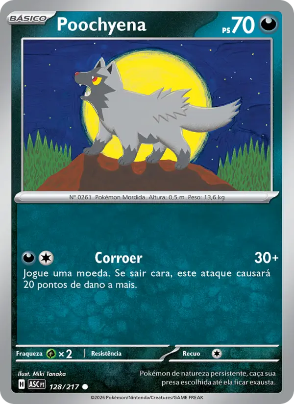 Carta Poochyena, número 128/217 da coleção Heróis Excelsos