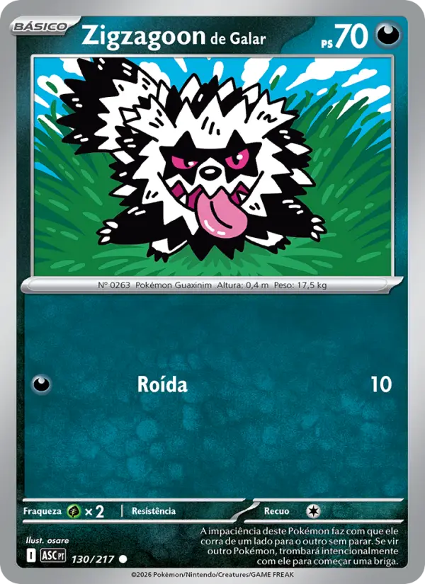 Carta Zigzagoon de Galar, número 130/217 da coleção Heróis Excelsos