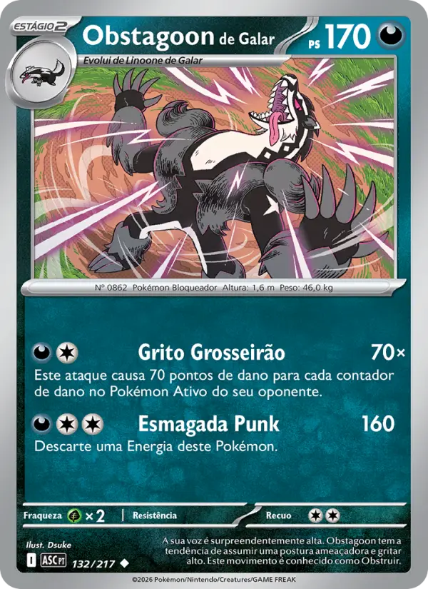 Carta Obstagoon de Galar, número 132/217 da coleção Heróis Excelsos