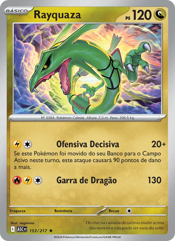 Carta Rayquaza, número 153/217 da coleção Heróis Excelsos