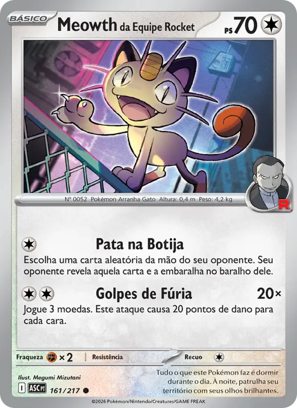Carta Meowth da Equipe Rocket, número 161/217 da coleção Heróis Excelsos