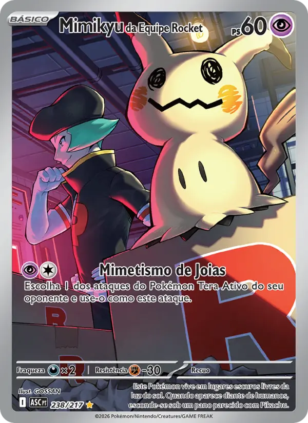 Carta Mimikyu da Equipe Rocket, número 238/217 da coleção Heróis Excelsos