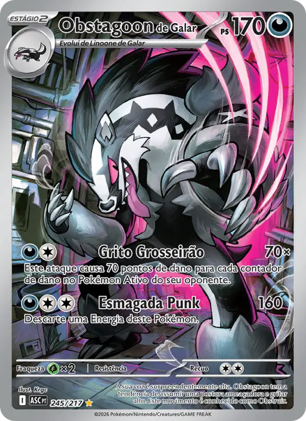 Carta Obstagoon de Galar, número 245/217 da coleção Heróis Excelsos