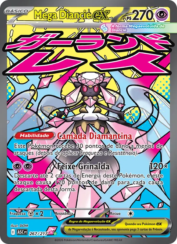 Carta Mega Diancie ex, número 267/217 da coleção Heróis Excelsos