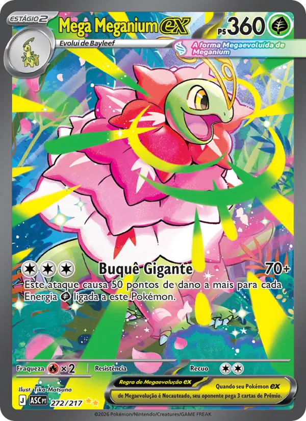 Carta Mega Meganium ex, número 272/217 da coleção Heróis Excelsos