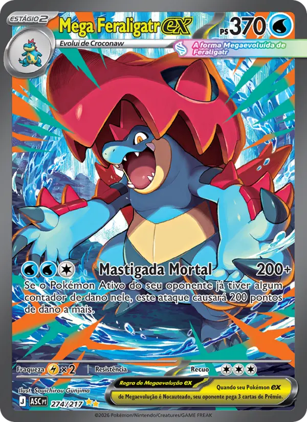 Carta Mega Feraligatr ex, número 274/217 da coleção Heróis Excelsos
