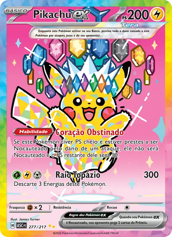 Carta Pikachu ex, número 277/217 da coleção Heróis Excelsos