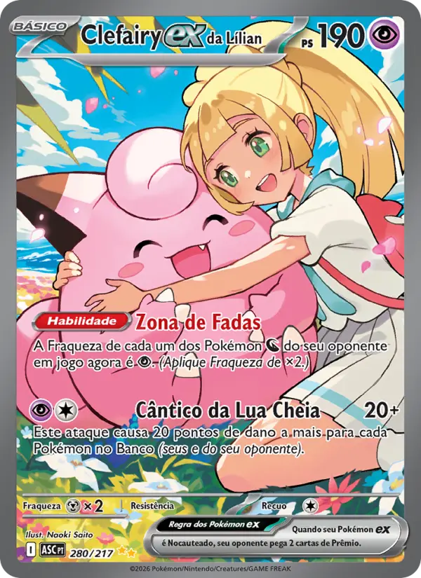Carta Clefairy ex da Lílian, número 280/217 da coleção Heróis Excelsos