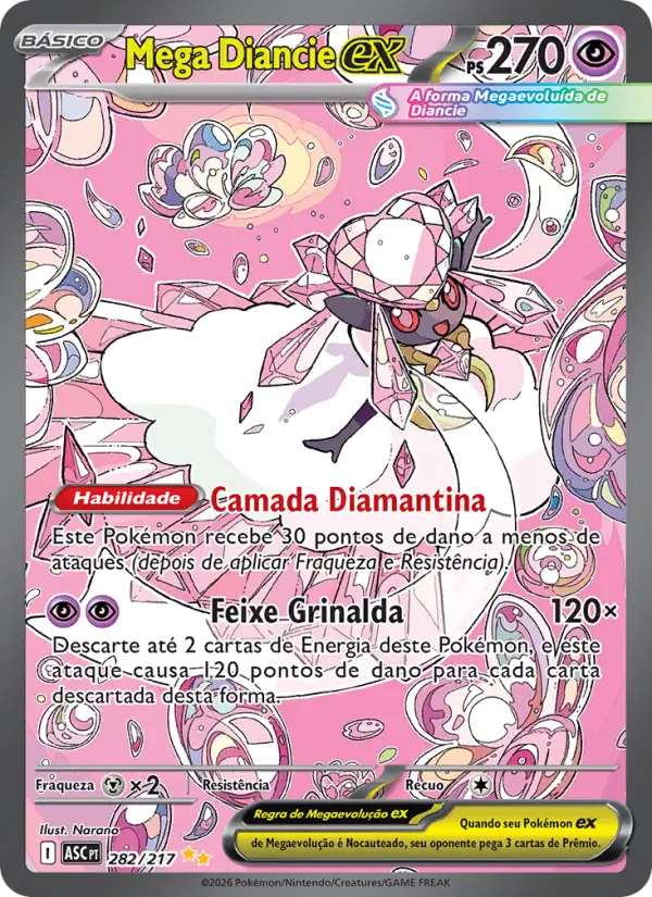 Carta Mega Diancie ex, número 282/217 da coleção Heróis Excelsos