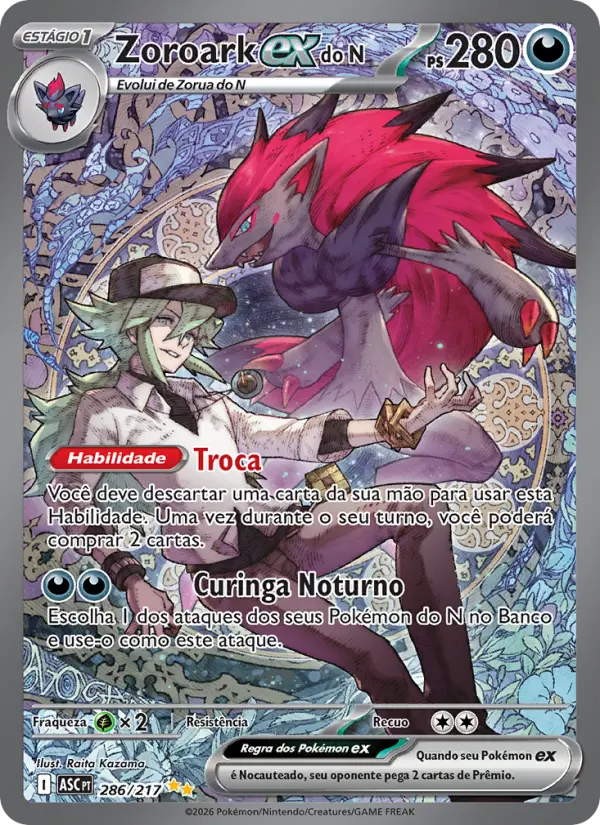 Carta Zoroark ex do N, número 286/217 da coleção Heróis Excelsos