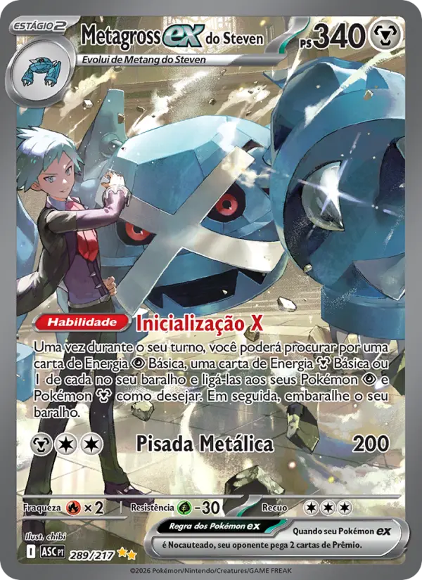 Carta Metagross ex do Steven, número 289/217 da coleção Heróis Excelsos