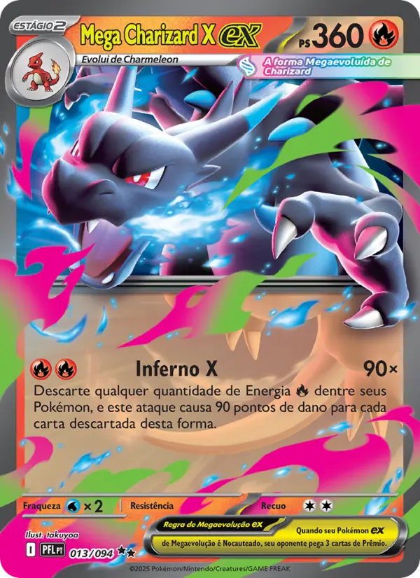 Carta Mega Charizard X ex, número 013/94 da coleção Fogo Fantasmagórico