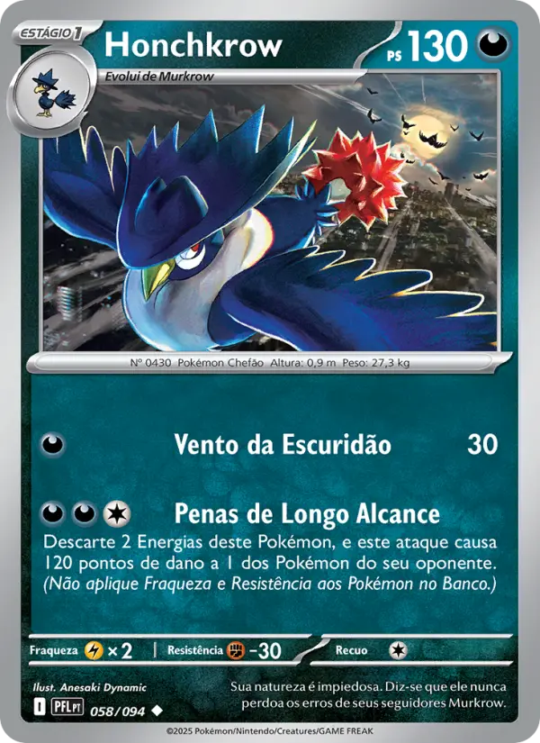 Carta Honchkrow, número 058/94 da coleção Fogo Fantasmagórico